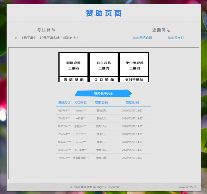 漂亮的赞助打赏单页HTML源码-榆桦源码网