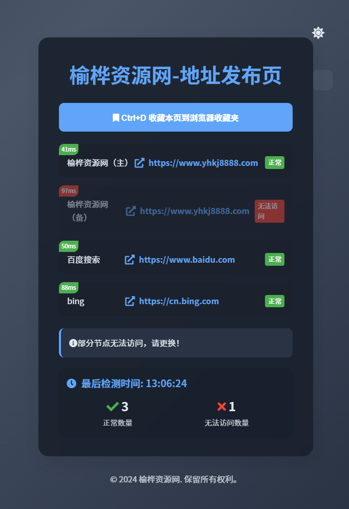 【榆桦亲测】D1993-全新UI网址发布页源码:带自动检测与黑白模式切换的精美单页插图 【榆桦亲测】D1993-全新UI网址发布页源码:带自动检测与黑白模式切换的精美单页插图